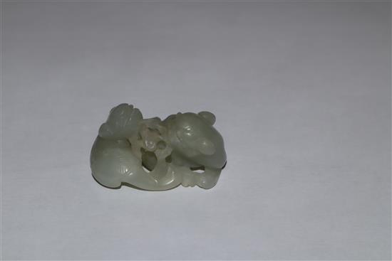 A Chinese carved jade group of two kylin, red lacquered and carved figure of a sage tallest 7cm